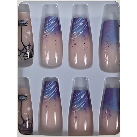 Halloween Press On Nails 24-Pack Medium Square Nail Tip Spiderweb Cosmic - Picture 1 of 3